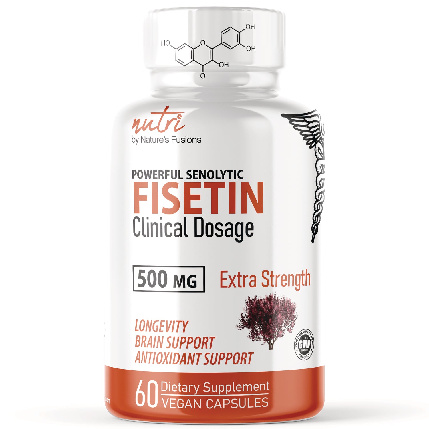 NFU003 | White supplement bottle labeled FISETIN Clinical Dosage 500 MG Extra Strength 60 vegan capsules