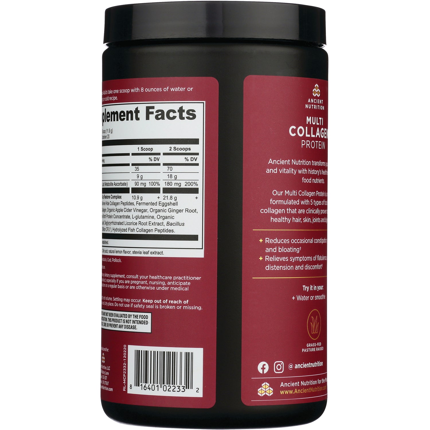 ATN048 | Back of multi collagen protein tub showing Supplement Facts panel, product text and barcode