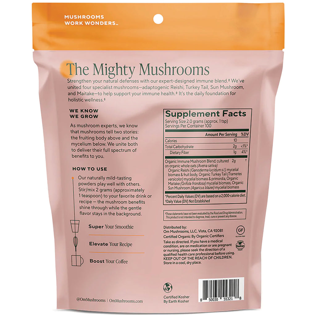 MMX044 | Back of mushroom supplement pouch showing Supplement Facts panel, immune benefits text and barcode - Thumbnail