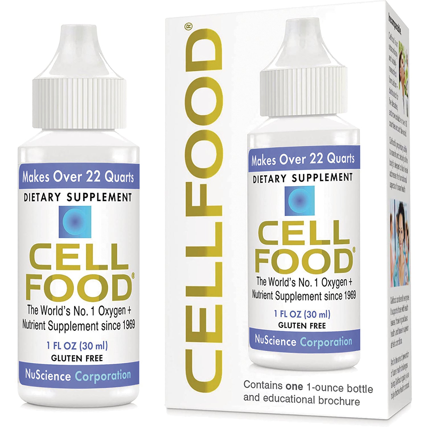 LMH001 | Cell Food dietary supplement 1 fl oz bottle and box with gold logo