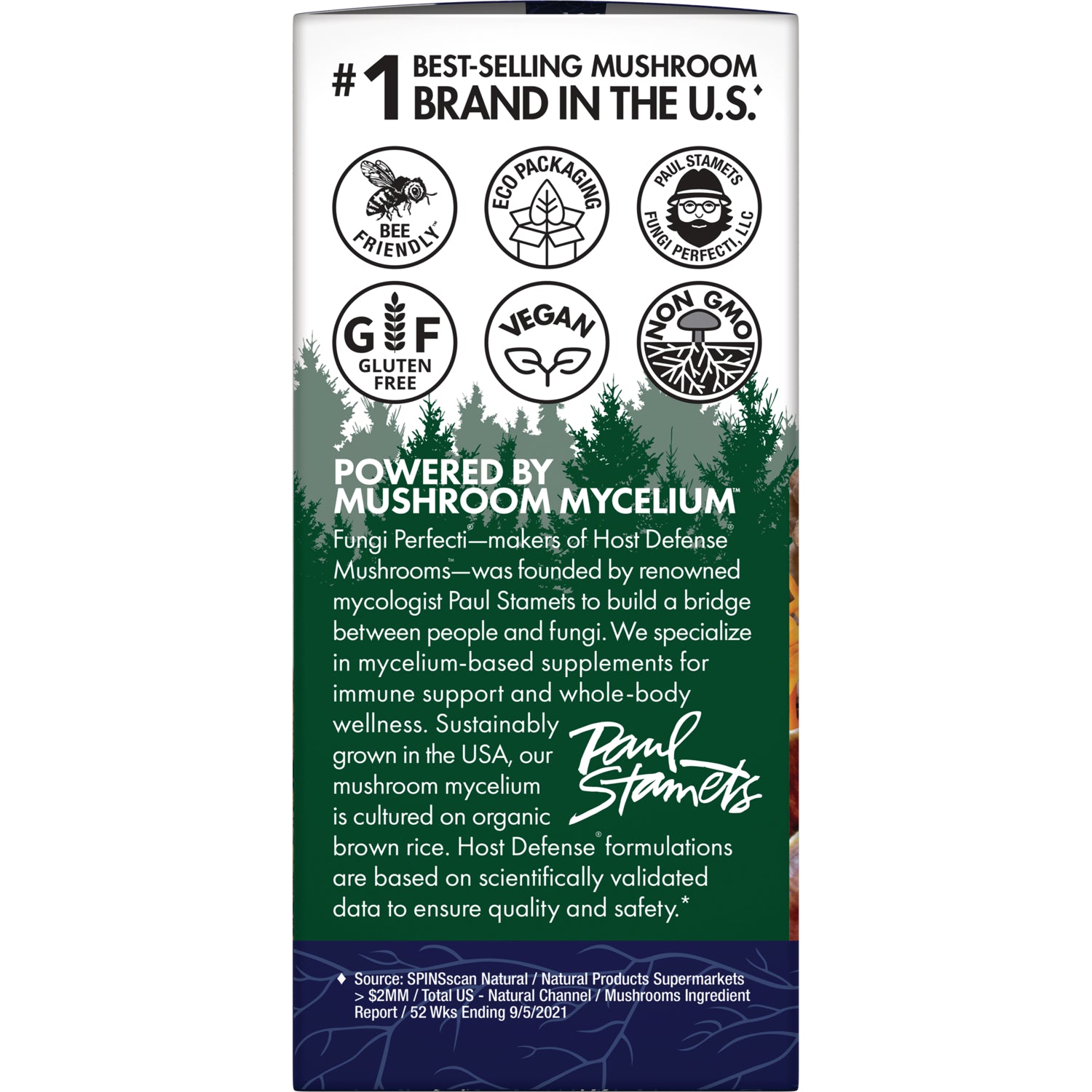 FUN005 | product infographic with certification badges and text Powered by Mushroom Mycelium describing mycelium-based supplement