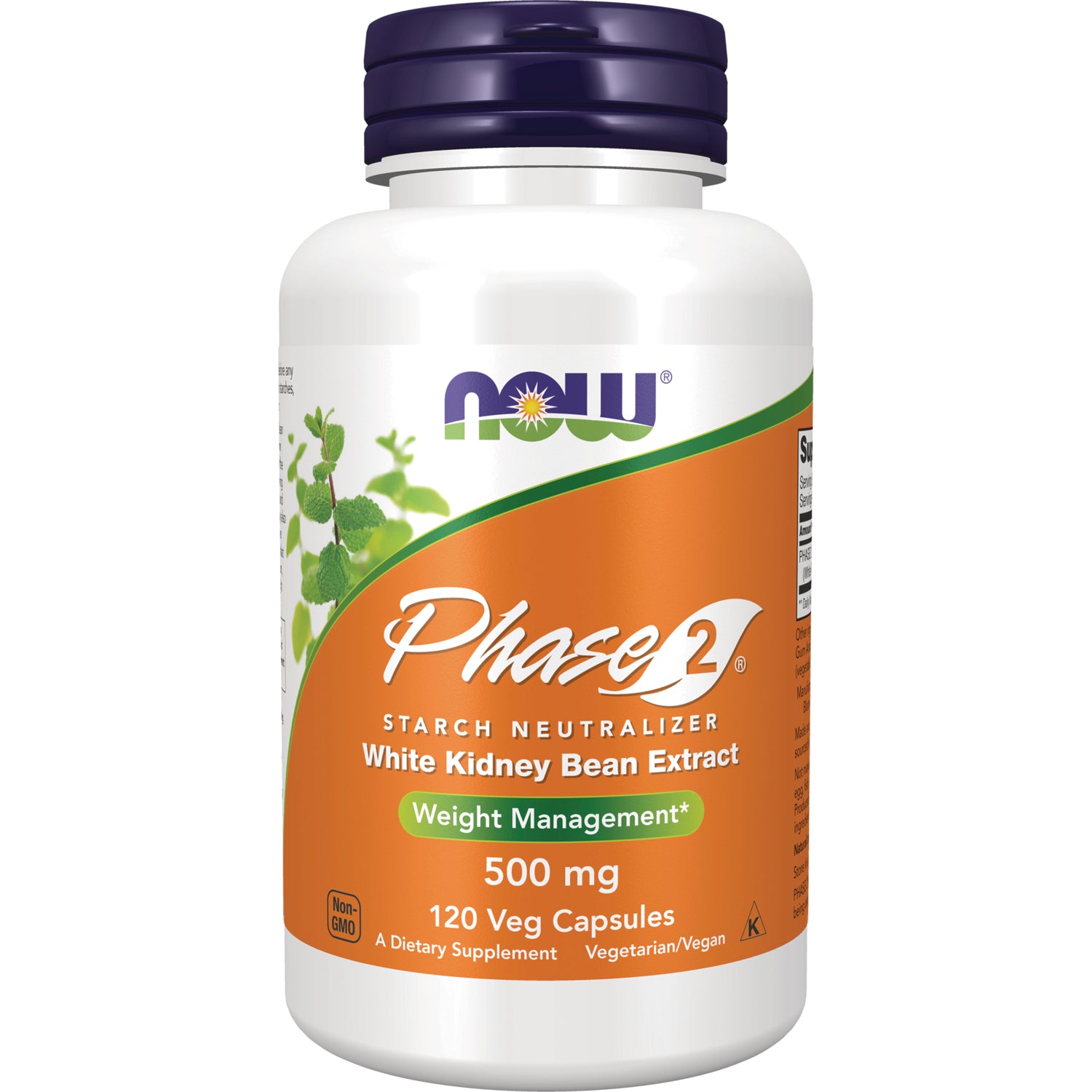 NWF1156 | NOW Phase2 starch neutralizer white kidney bean extract bottle, 500 mg, 120 veg capsules