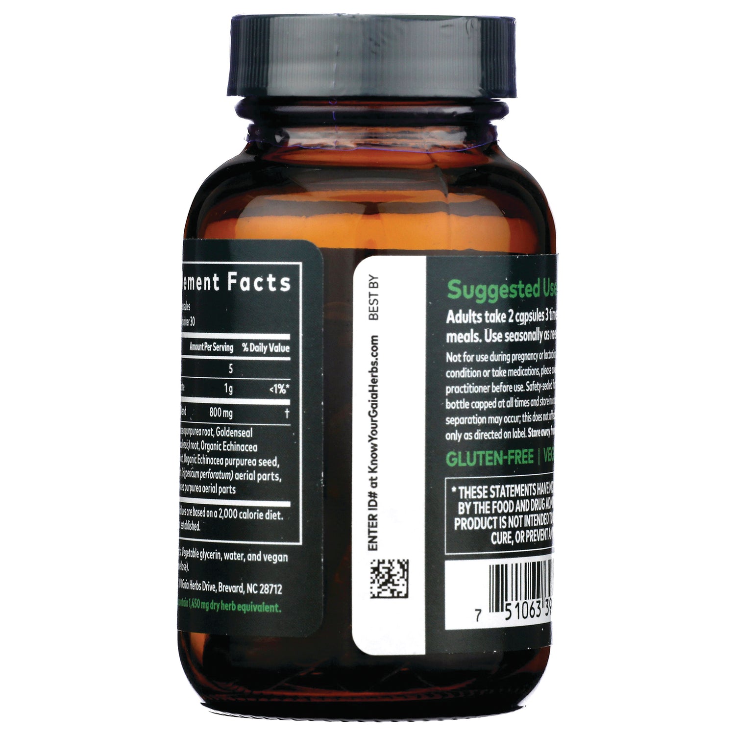 amber supplement bottle back showing Supplement Facts panel, suggested use text, QR code and barcode