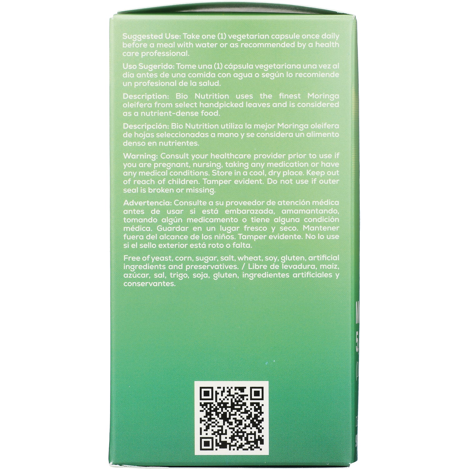 BNN052 | Back of green supplement box showing suggested use, warnings, bilingual text and a QR code