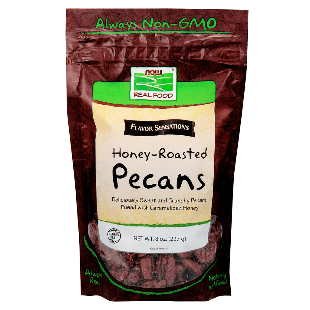 NWF1208 | Honey-Roasted Pecans 8 oz pouch, NOW Real Food front packaging labeled Always Non-GMO and Gluten Free - Thumbnail