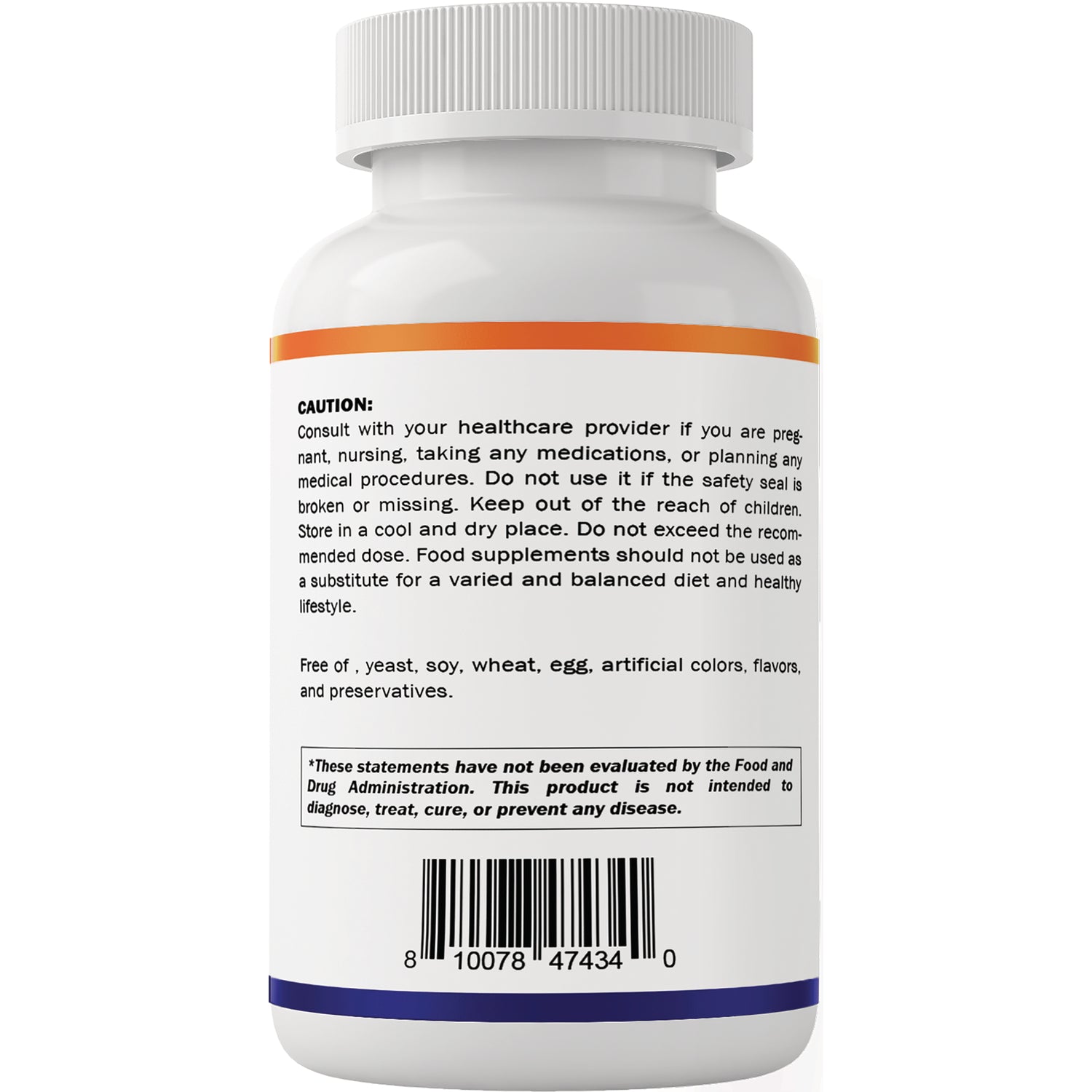 VAM006 | Back label of supplement bottle with Caution, FDA disclaimer, and barcode