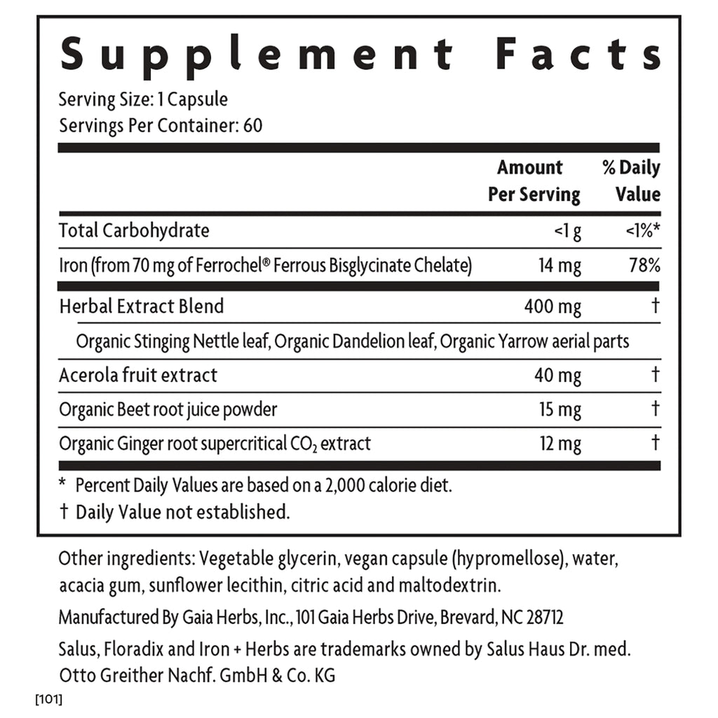 FDX008 | Supplement Facts label showing serving size 1 capsule, iron 14 mg, herbal extract blend and other ingredients - Thumbnail