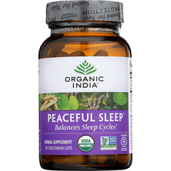 RGN047 | Organic India Peaceful Sleep herbal supplement bottle with purple label, 90 vegetarian caps, USDA Organic