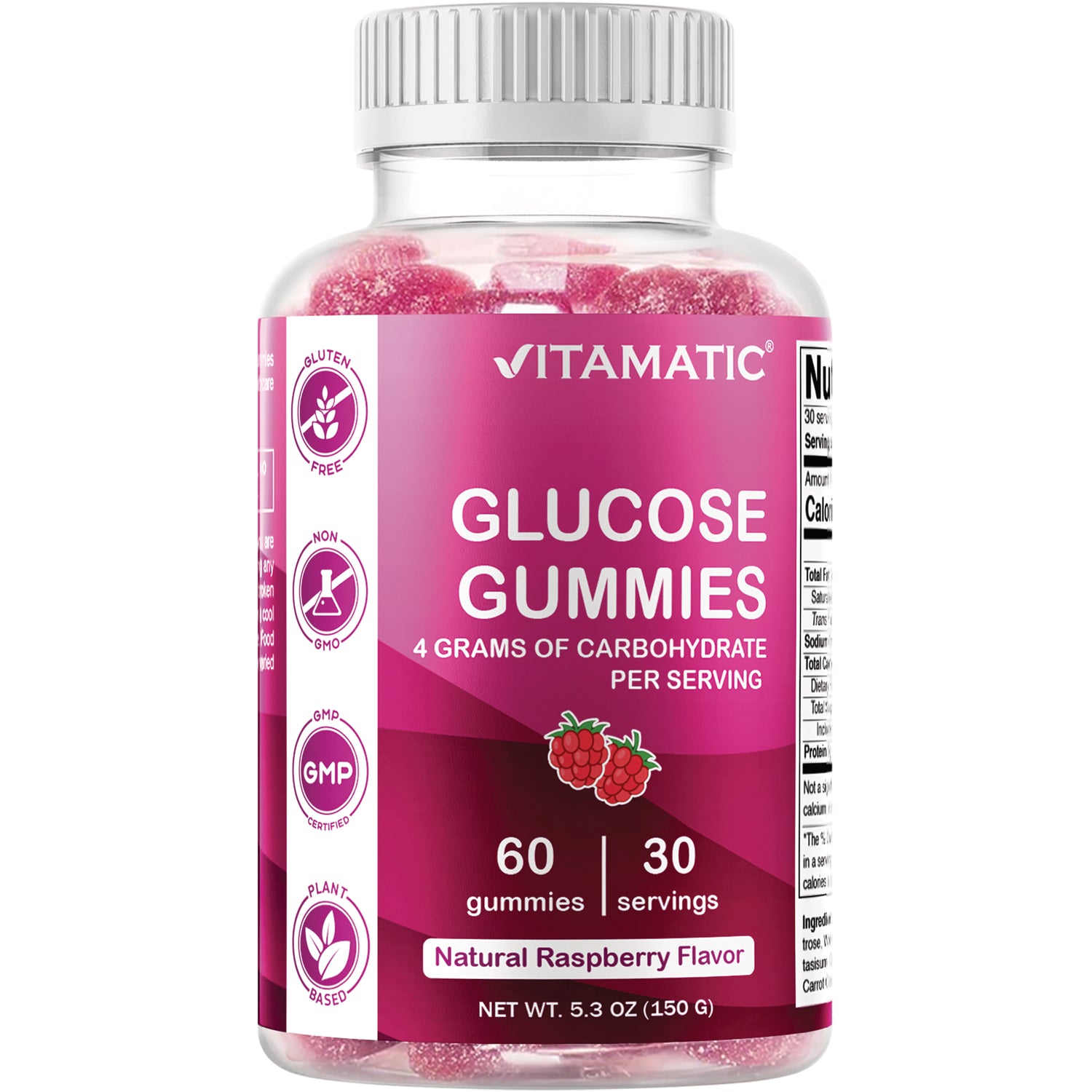 VAM017 | Vitamatic Glucose Gummies bottle, Natural Raspberry Flavor, 60 gummies, 30 servings, gluten free, non-GMO