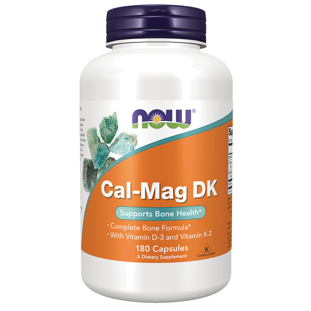 NWF1382 | White bottle of NOW Cal-Mag DK dietary supplement, orange label reading Cal-Mag DK, Supports Bone Health, 180 Capsules - Thumbnail