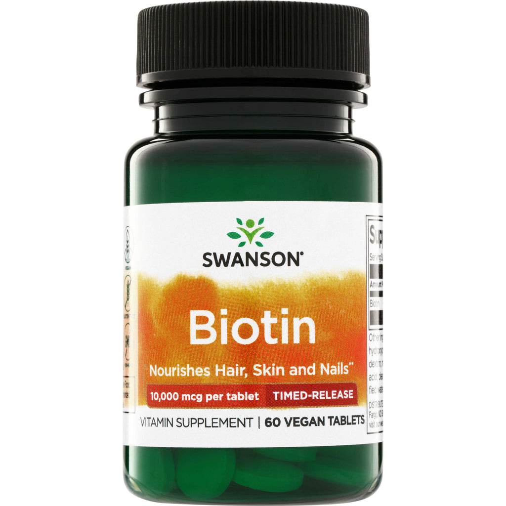 SWU719 | Swanson Biotin 10,000 mcg timed-release, 60 vegan tablets; Nourishes Hair, Skin and Nails - Thumbnail