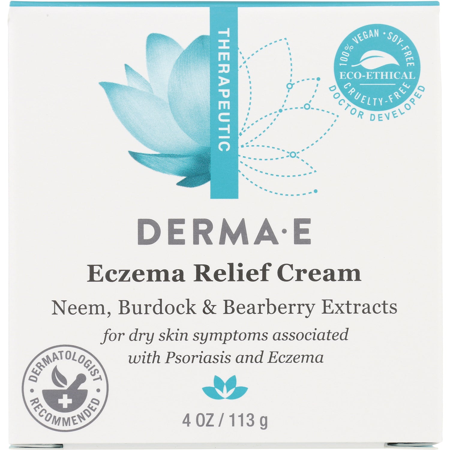 DE003 | Derma E Eczema Relief Cream box front labeled Neem, Burdock & Bearberry Extracts 4 OZ / 113 g