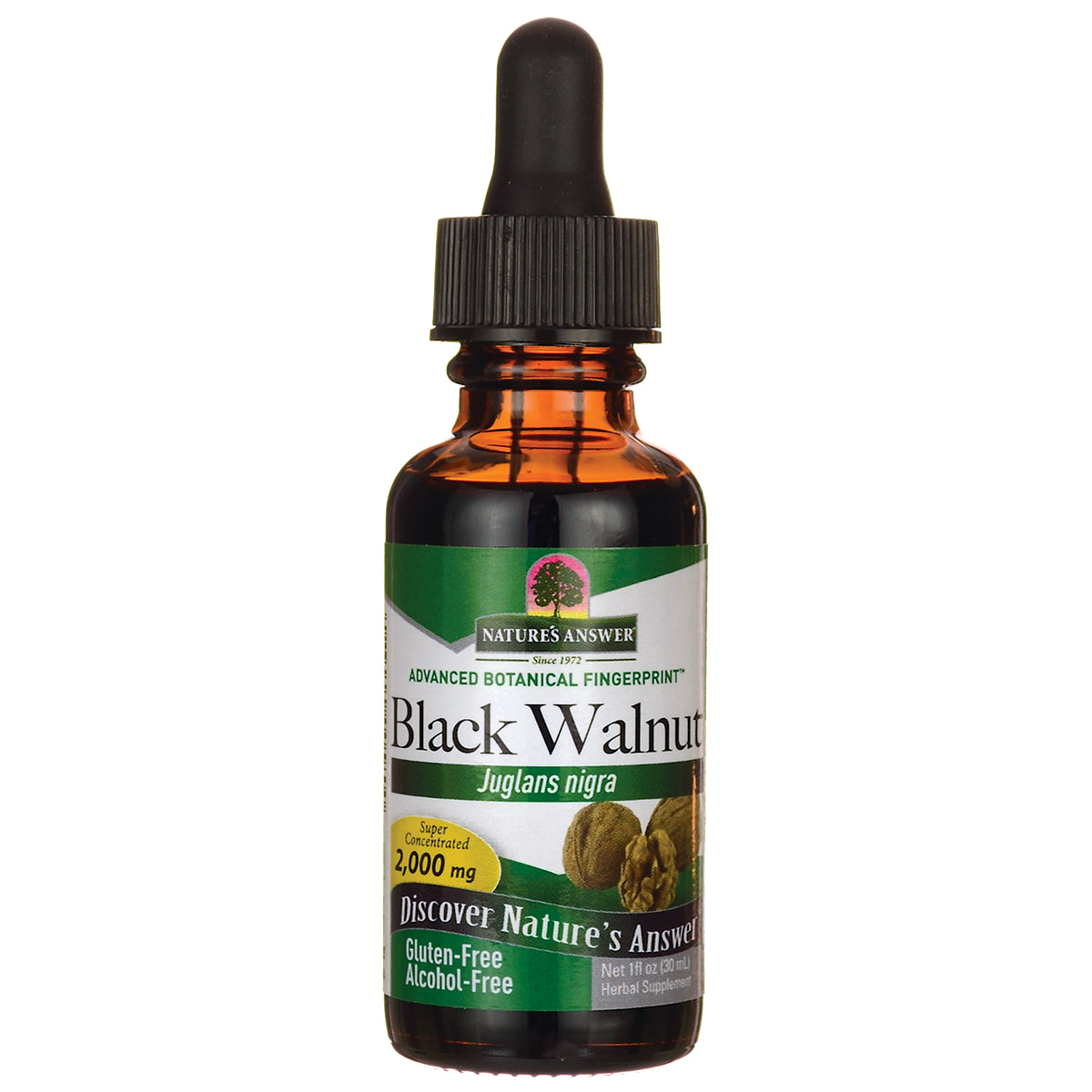 NAT012 | amber dropper bottle labeled Black Walnut Juglans nigra 2,000 mg, gluten-free alcohol-free