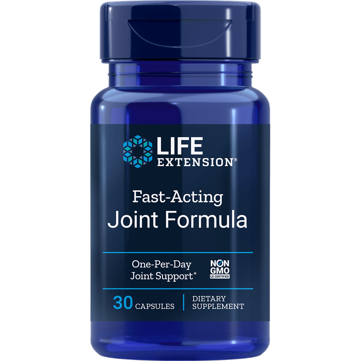 LE037 | Life Extension Fast-Acting Joint Formula blue supplement bottle front label, 30 capsules, One-Per-Day joint support, Non-GMO