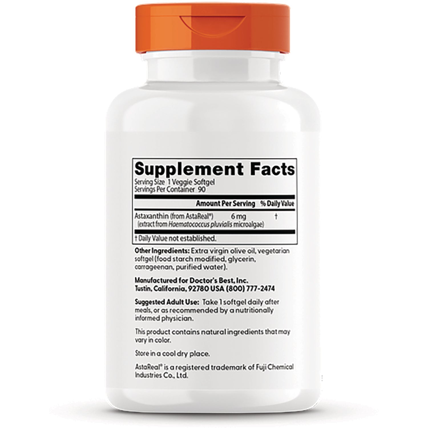 DB230 | back of white supplement bottle showing Supplement Facts panel and Astaxanthin 6 mg