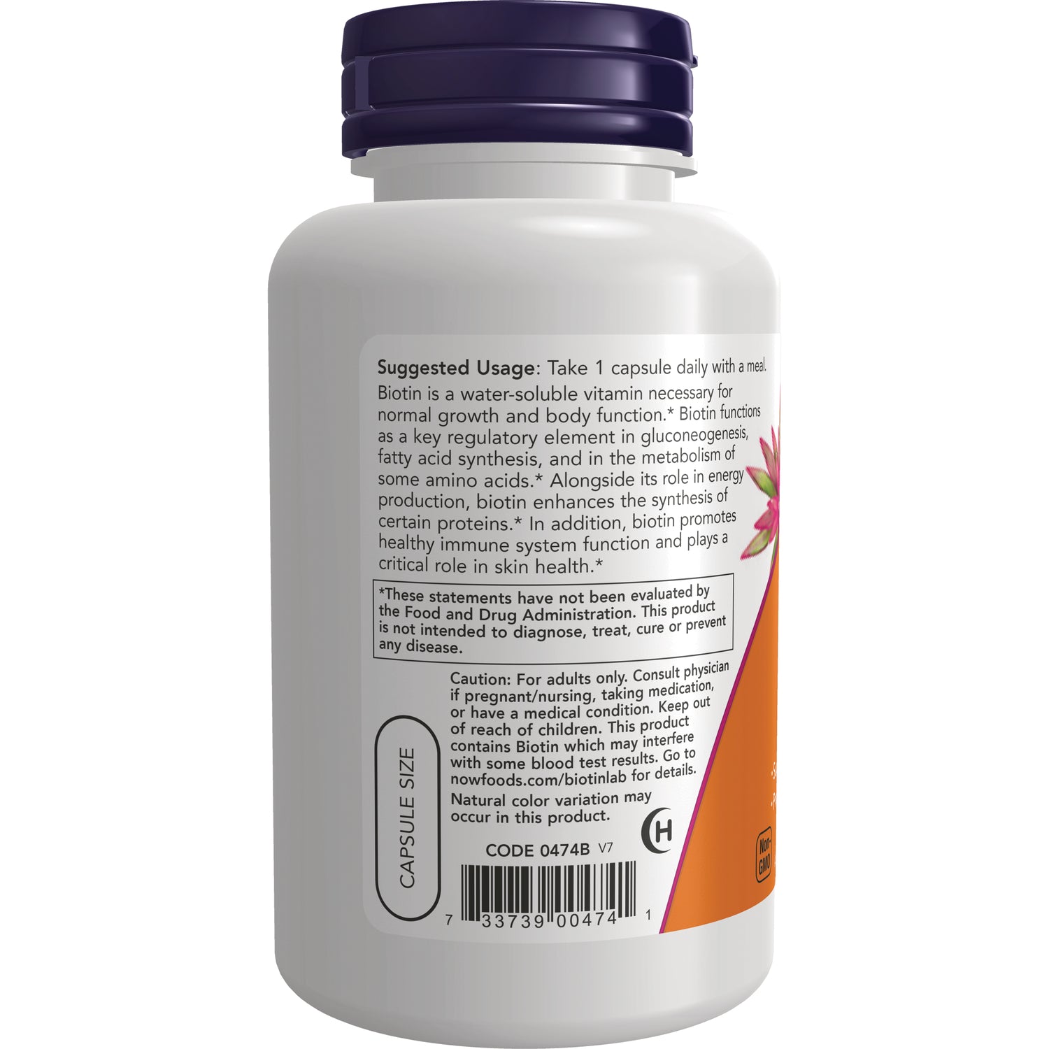 NWF291 | Back label of white supplement bottle showing suggested usage, caution text and barcode