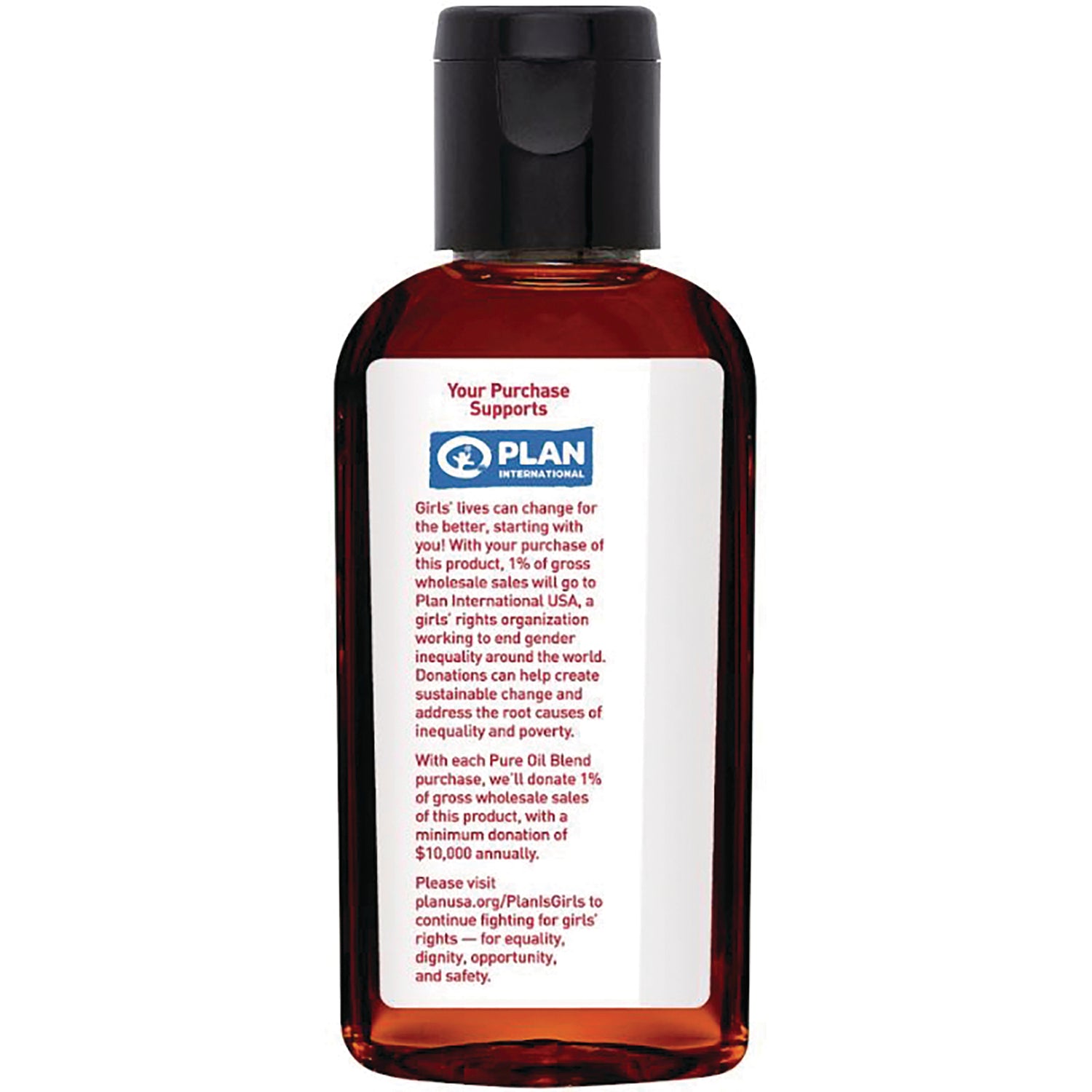 DST137 | bottle back label with PLAN International logo and donation information