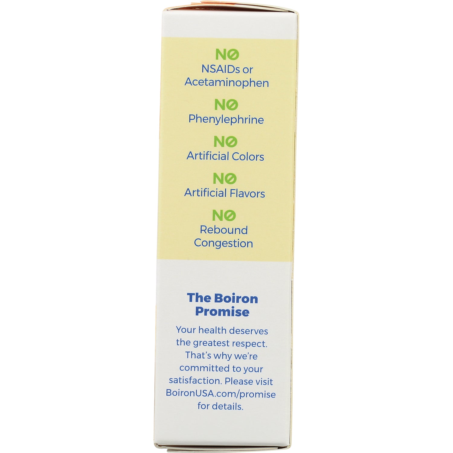 BRN116 | side panel listing No NSAIDs or Acetaminophen; No Phenylephrine; No artificial colors or flavors; Boiron Promise