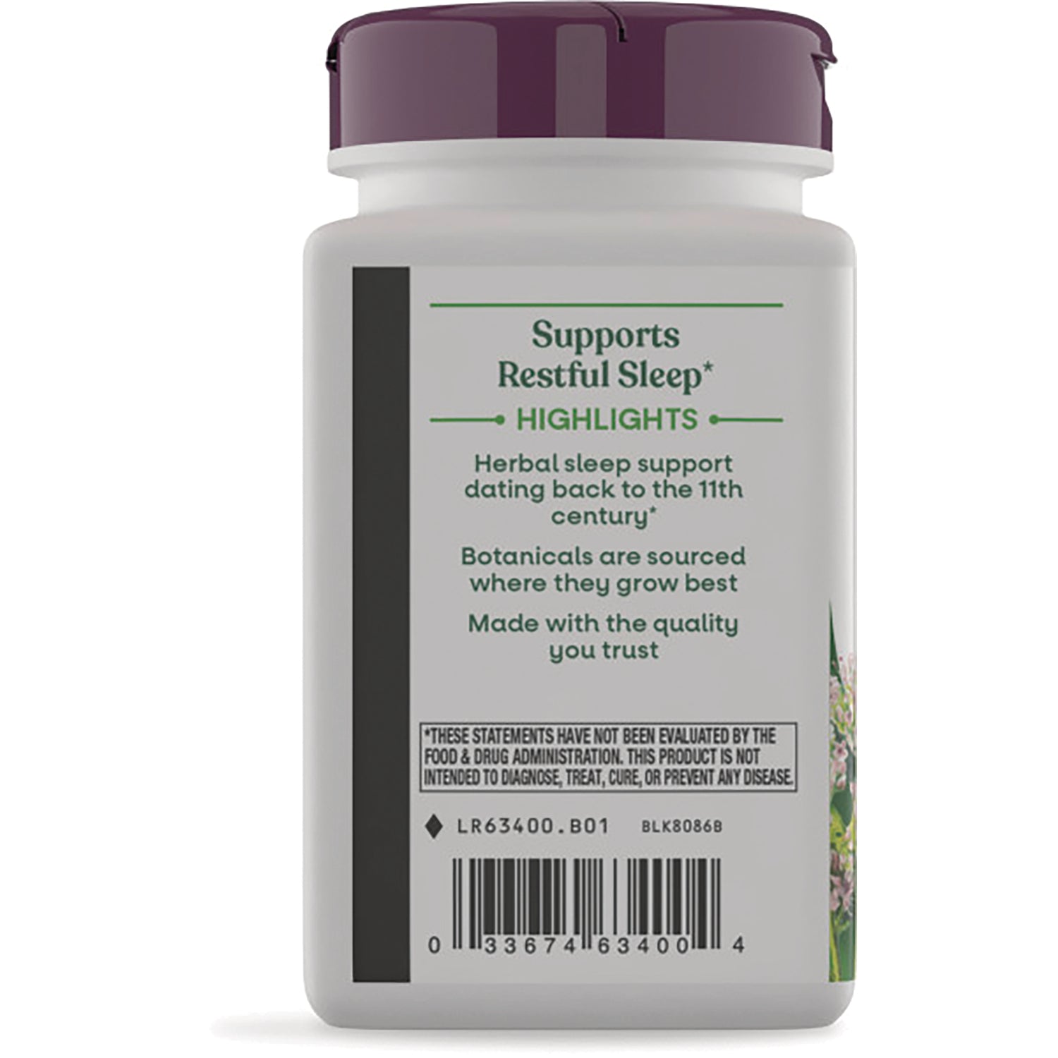 NW536 | back label of bottle reading Supports Restful Sleep, highlights list of botanical benefits and barcode