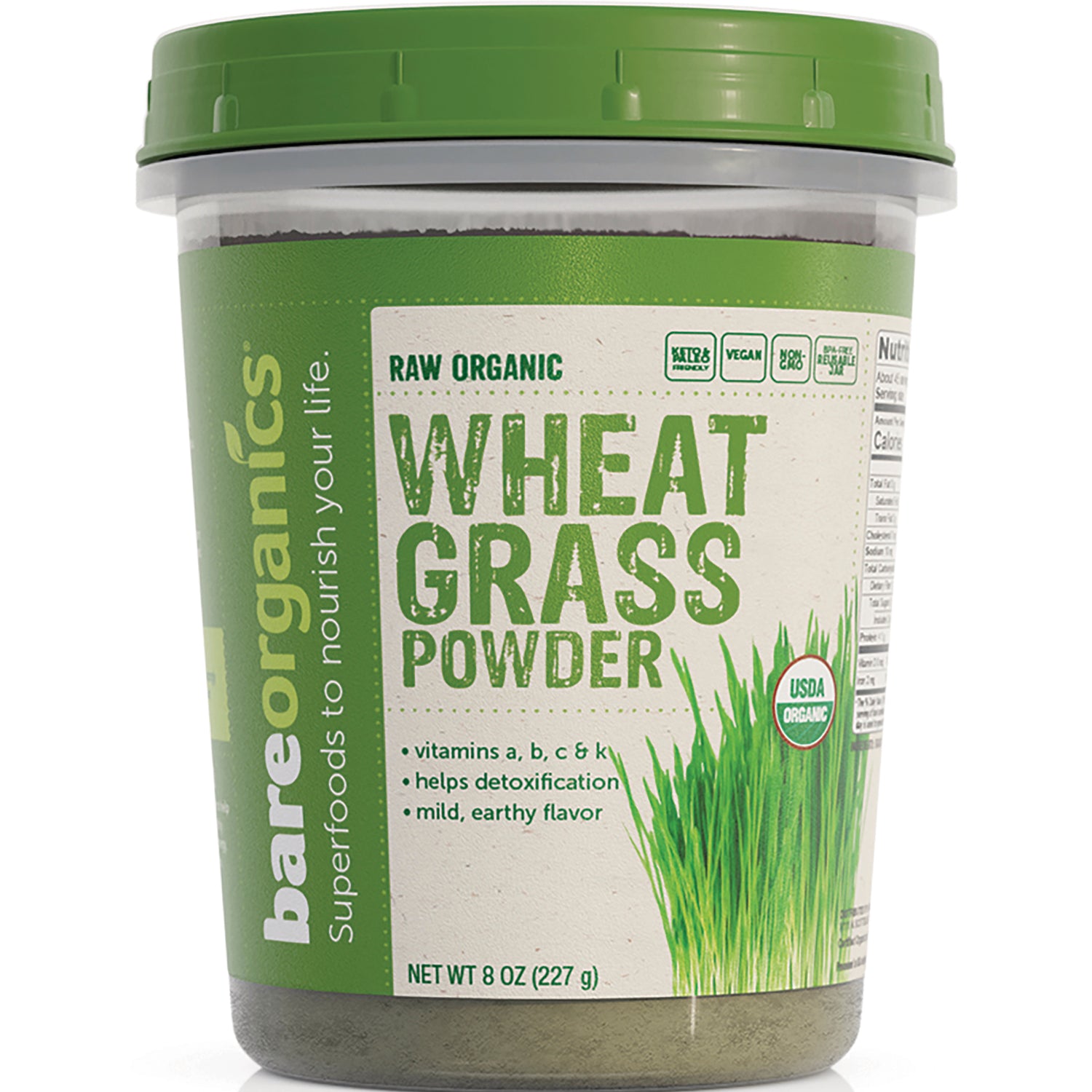 BOR004 | tub of raw organic wheat grass powder by bareorganics with green lid, net wt 8 oz