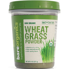 BOR004 | tub of raw organic wheat grass powder by bareorganics with green lid, net wt 8 oz