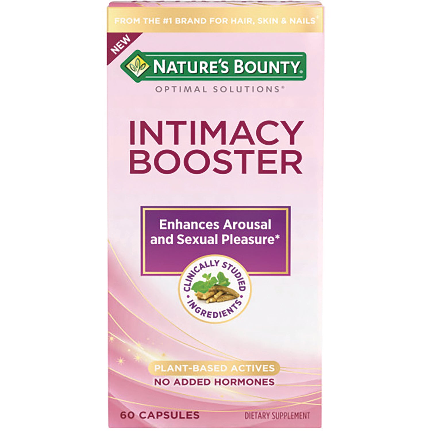 NBY112 | Nature's Bounty Intimacy Booster supplement box, pink front packaging labeled Enhances Arousal and Sexual Pleasure