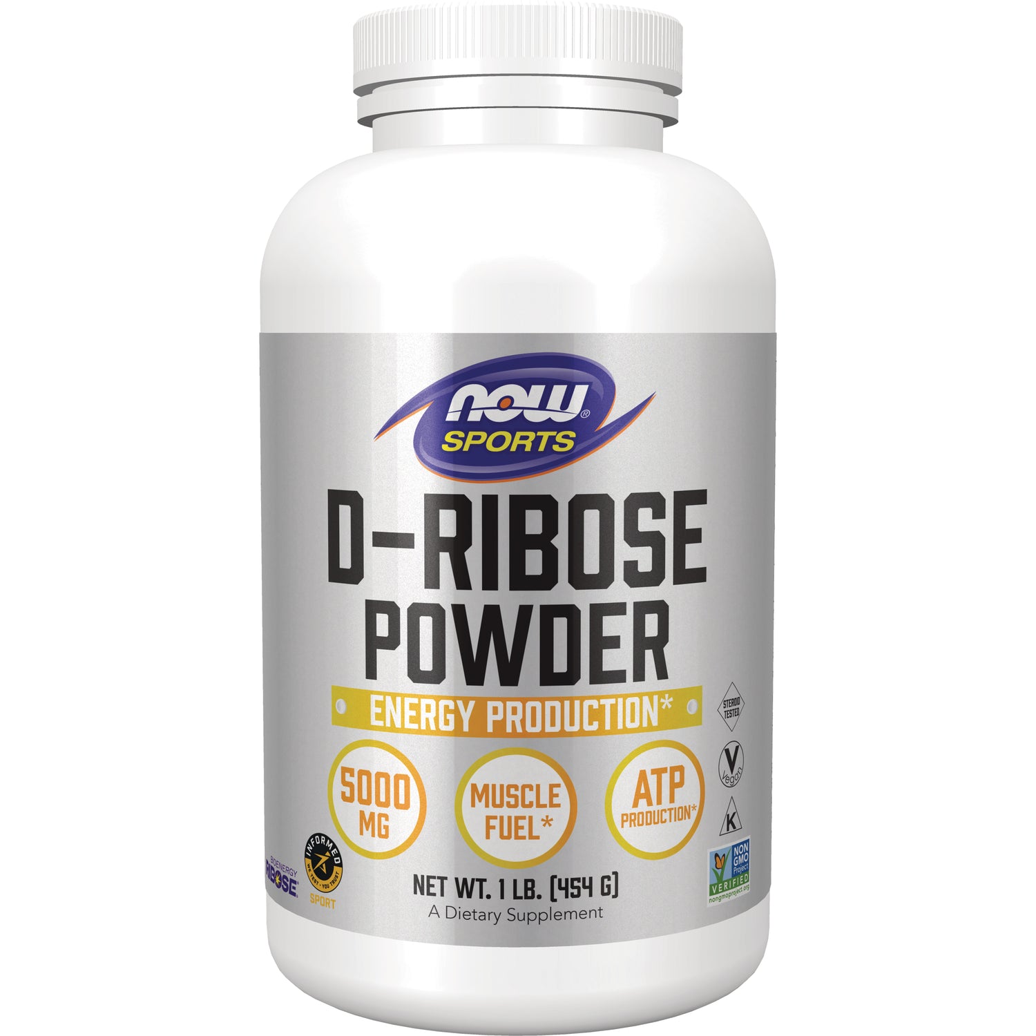NWF967 | white bottle of NOW Sports D-Ribose Powder front label reading D-RIBOSE POWDER energy production 5000 mg