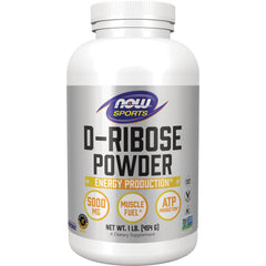 NWF967 | white bottle of NOW Sports D-Ribose Powder front label reading D-RIBOSE POWDER energy production 5000 mg