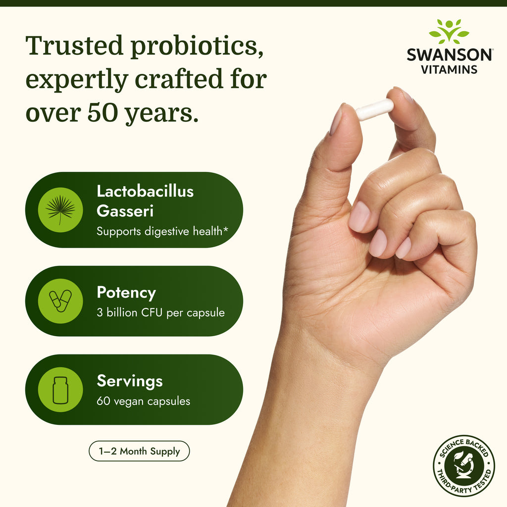 SWA027 | Swanson Lactobacillus Gasseri probiotic bottle labeled 3 billion CFU, 60 veggie drcaps - Thumbnail