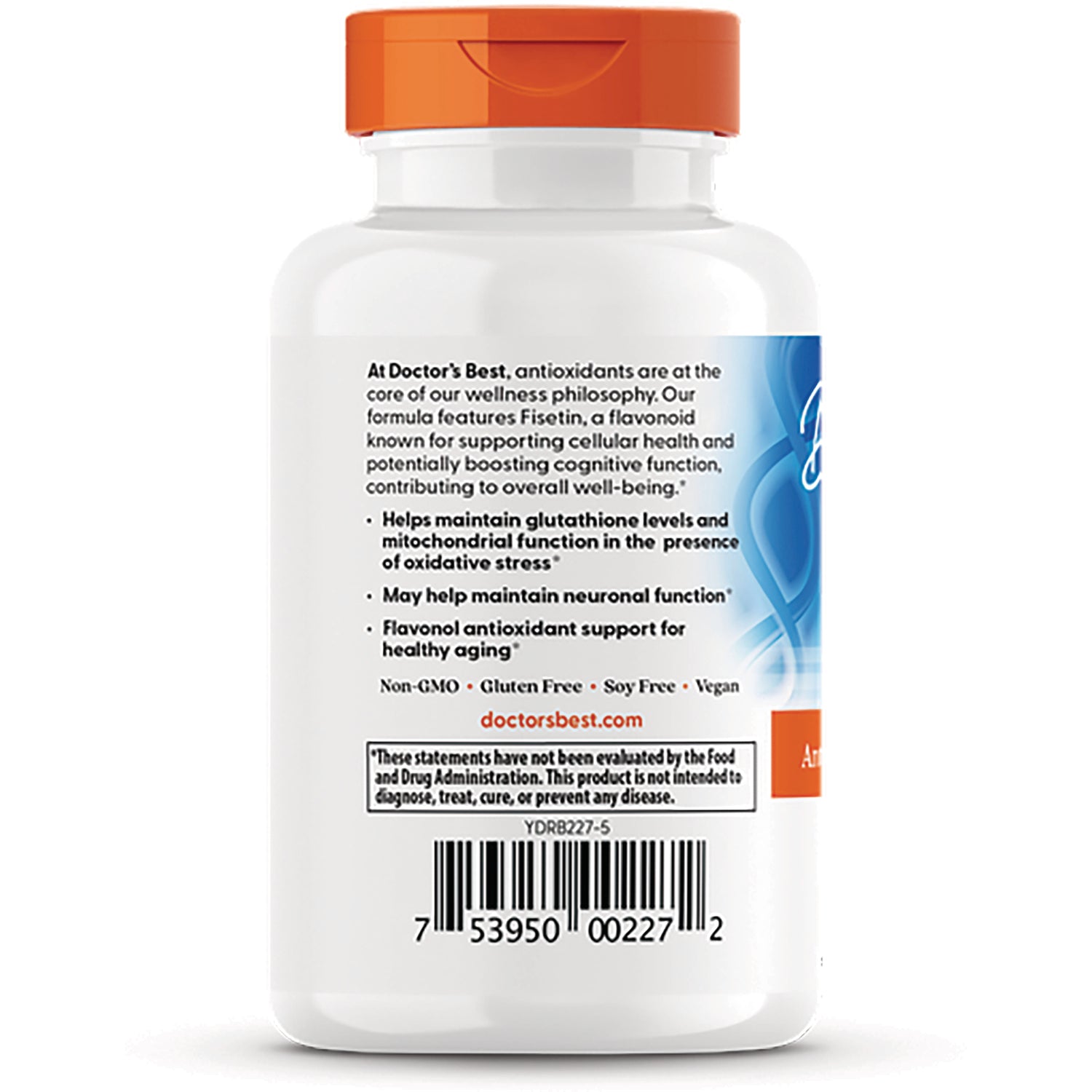 DB218 | Back of white supplement bottle showing label text with product claims, non-GMO gluten-free icons and barcode