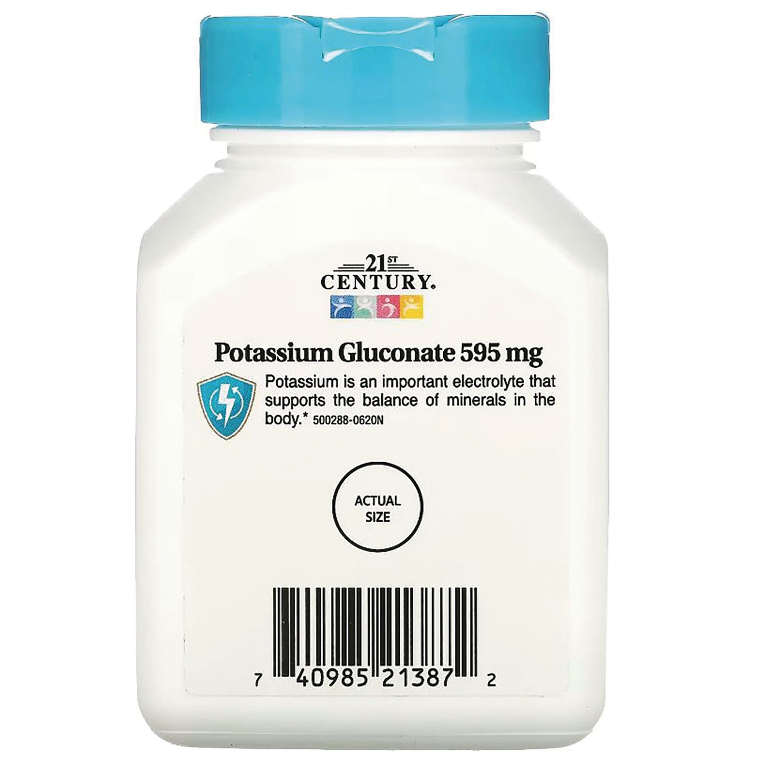 CNT134 | Back of white supplement bottle with blue cap labeled Potassium Gluconate 595 mg, actual size circle and barcode