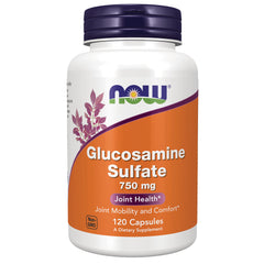 NWF479 | NOW Glucosamine Sulfate 750 mg white bottle with orange label, 120 capsules