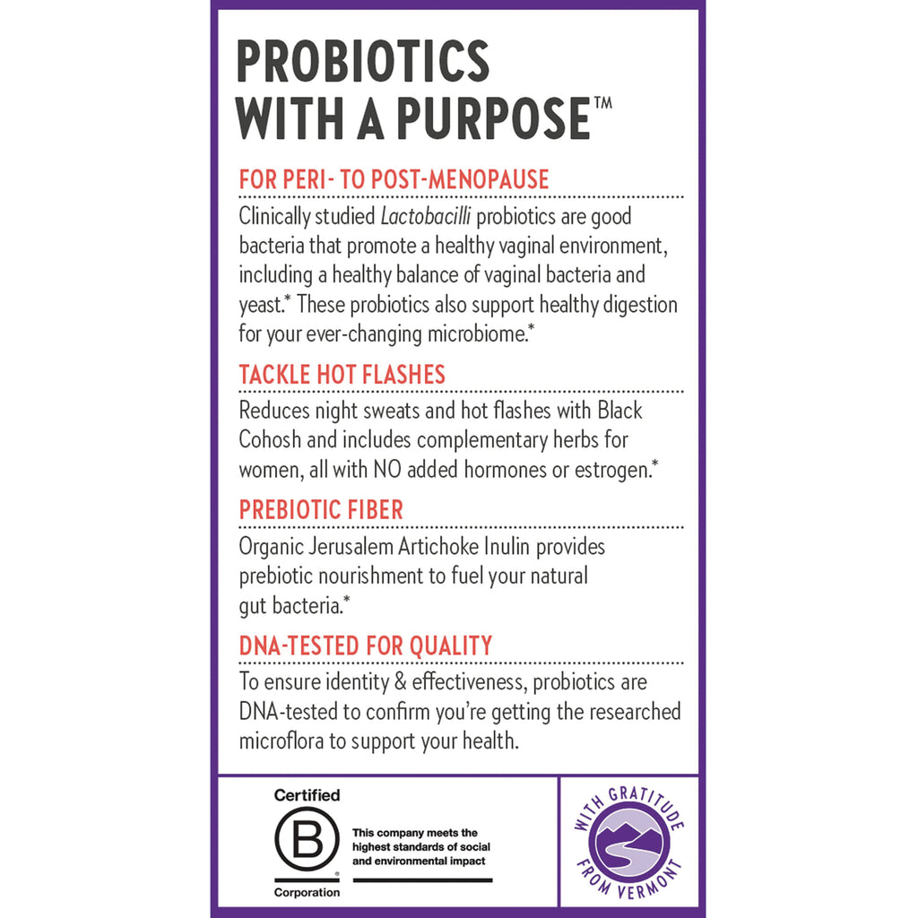 NWC396 | Product infographic listing probiotics benefits for peri-to post-menopause: reduces hot flashes, prebiotic fiber, DNA-tested - Thumbnail