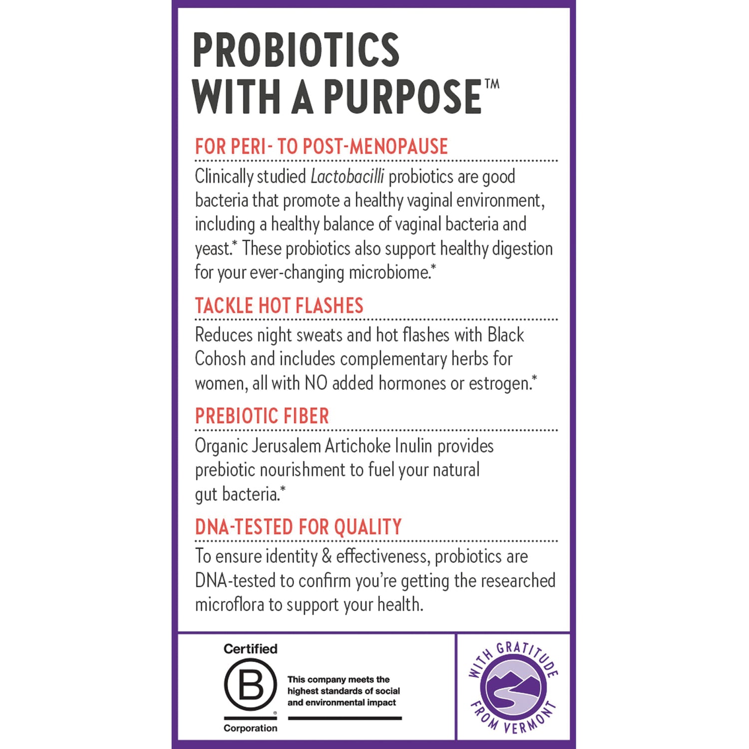 NWC396 | Product infographic listing probiotics benefits for peri-to post-menopause: reduces hot flashes, prebiotic fiber, DNA-tested