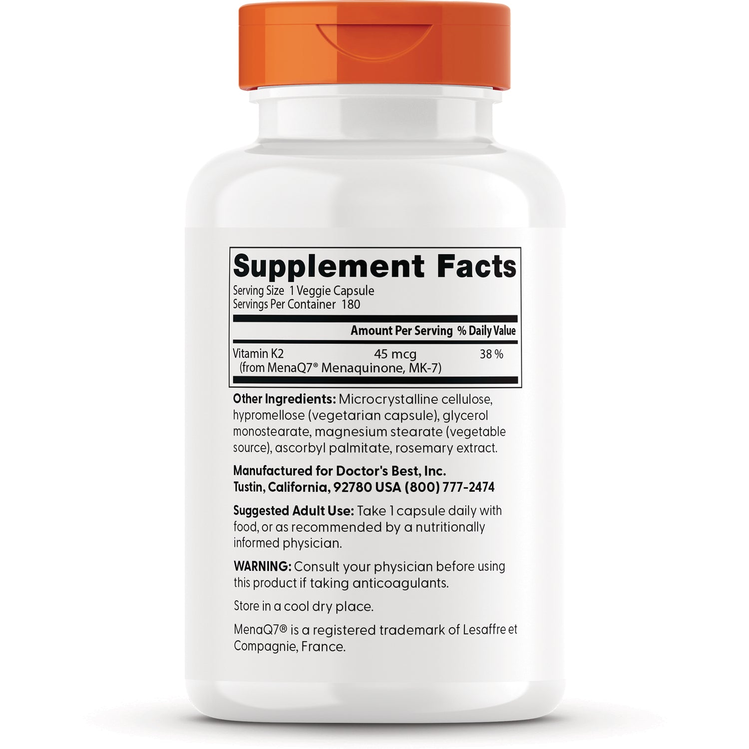 DB226 | Supplement Facts panel and ingredient list on back of white supplement bottle with orange cap