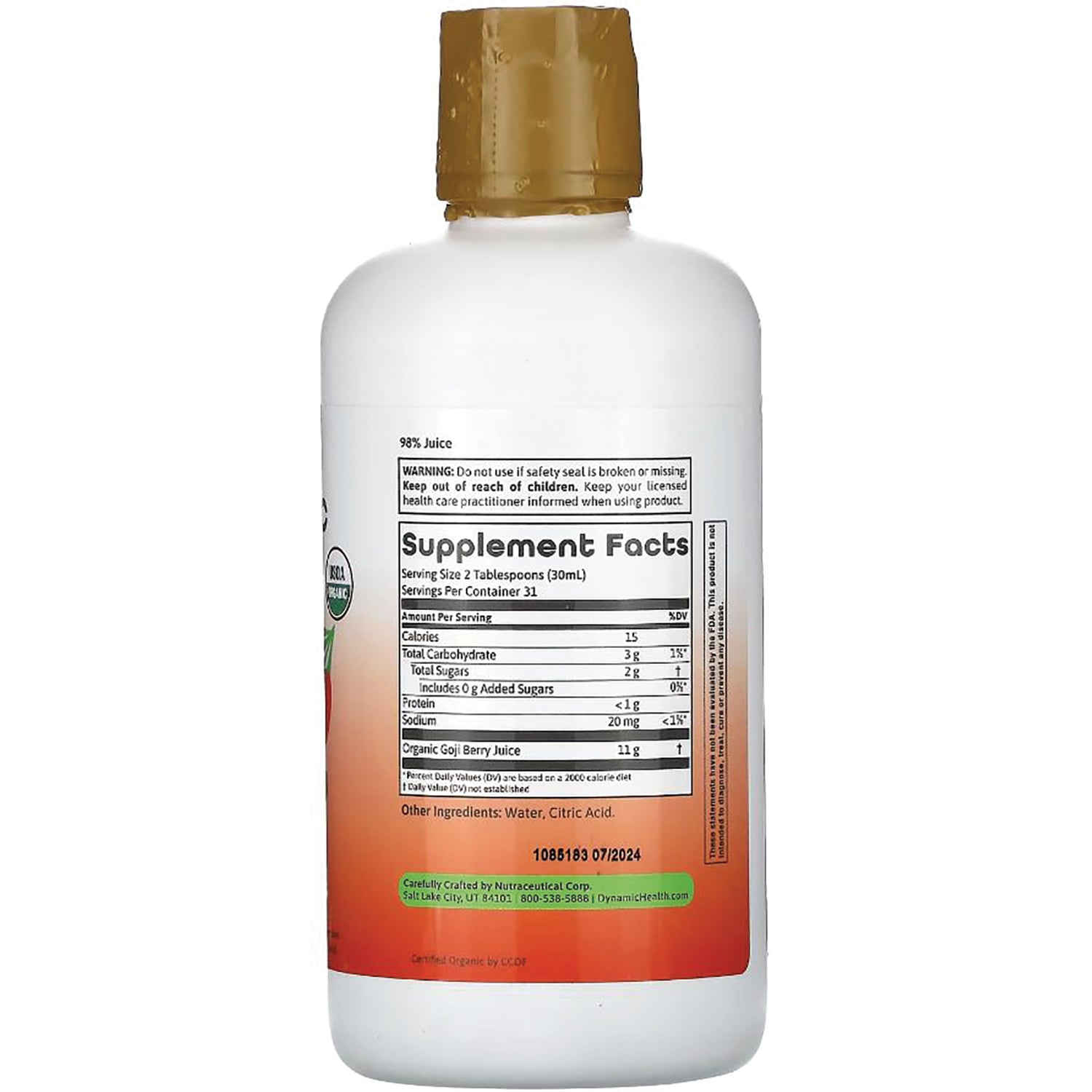 DYH007 | Back of white bottle showing Supplement Facts panel with nutrition facts and ingredients