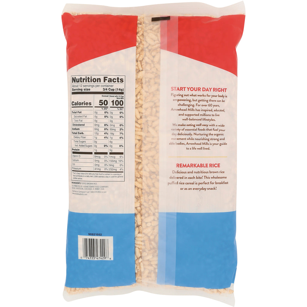 AHM019 | Back of puffed rice cereal bag showing Nutrition Facts panel, product copy and barcode - Thumbnail