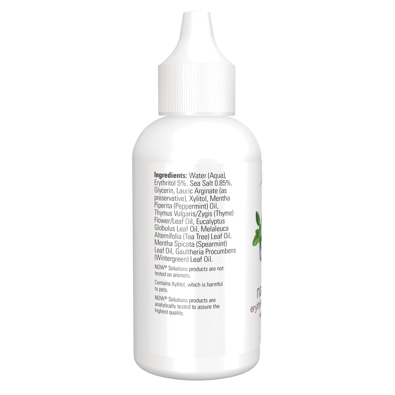 NWF402 | Back of white dropper bottle showing ingredients list and xylitol warning