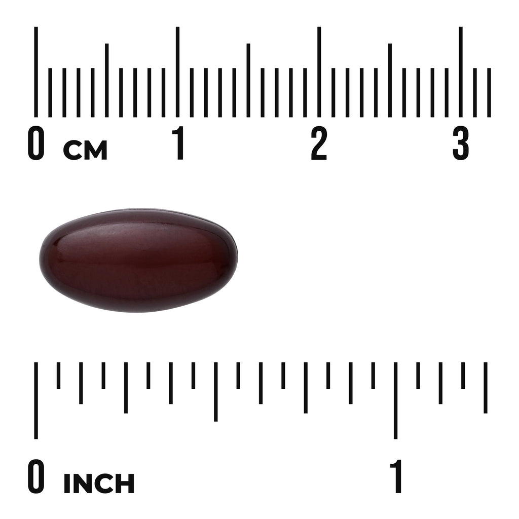 SWU672 | Dark oval softgel shown with inch and centimeter rulers for size reference - Thumbnail