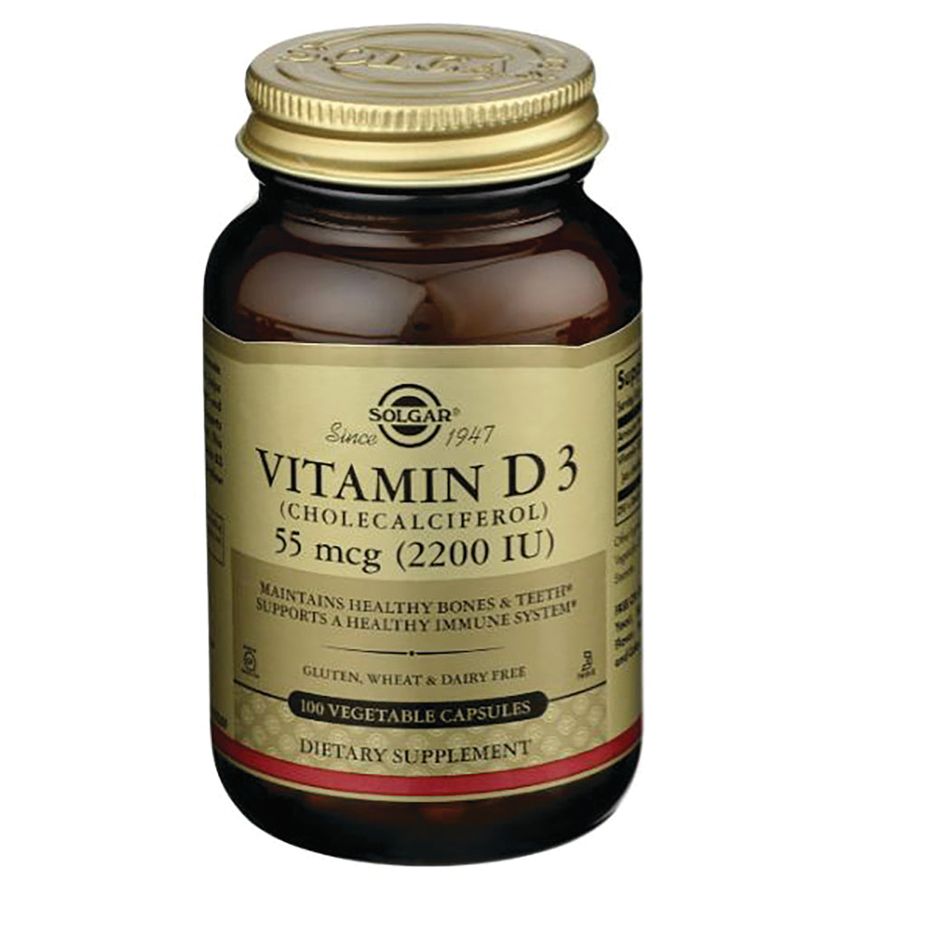 Solgar Vitamin D3 bottle, 55 mcg (2200 IU), 100 vegetable capsules dietary supplement - Thumbnail