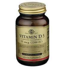Solgar Vitamin D3 bottle, 55 mcg (2200 IU), 100 vegetable capsules dietary supplement