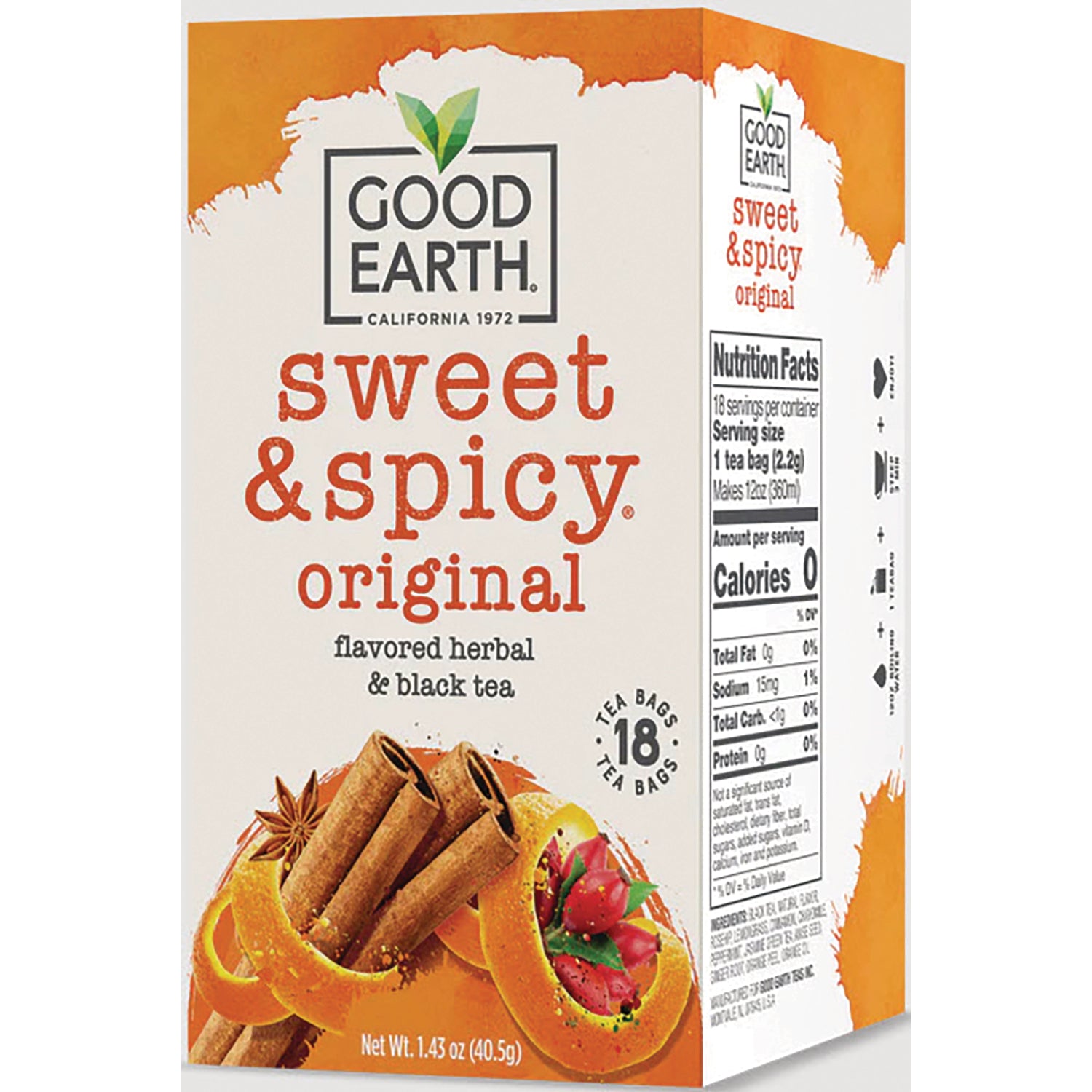 GET008 | Good Earth Sweet & Spicy original flavored herbal and black tea box front showing cinnamon sticks, orange peel, and label 18 tea bags