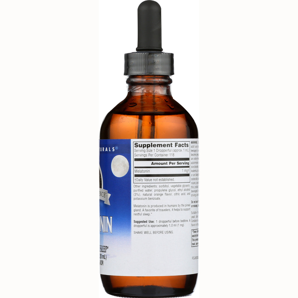 SN225 | Back label with Supplement Facts for melatonin liquid drops, serving size 1 dropperful, 1 mg - Thumbnail