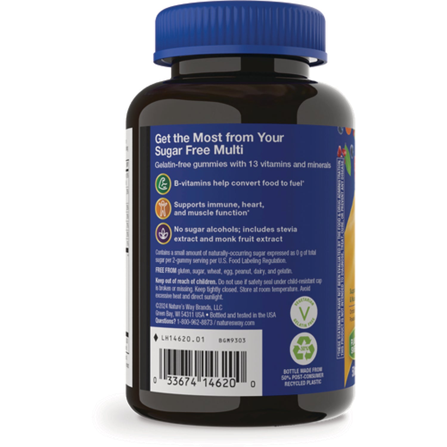 NW1061 | back label of sugar-free multi gummy bottle showing benefits, ingredients and barcode