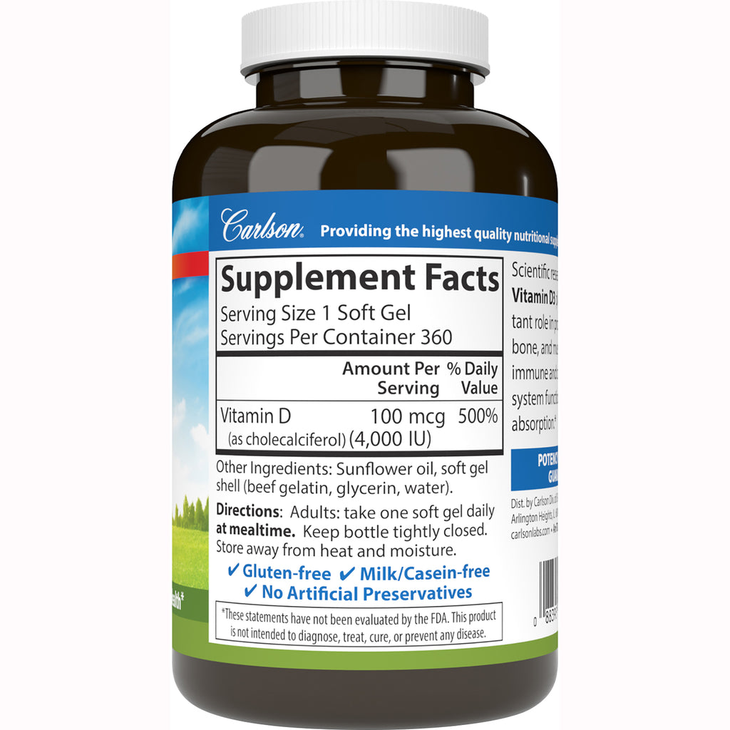 CSN231 | Back label of vitamin D soft gel bottle showing Supplement Facts with Vitamin D 100 mcg (4,000 IU), directions and product claims - Thumbnail