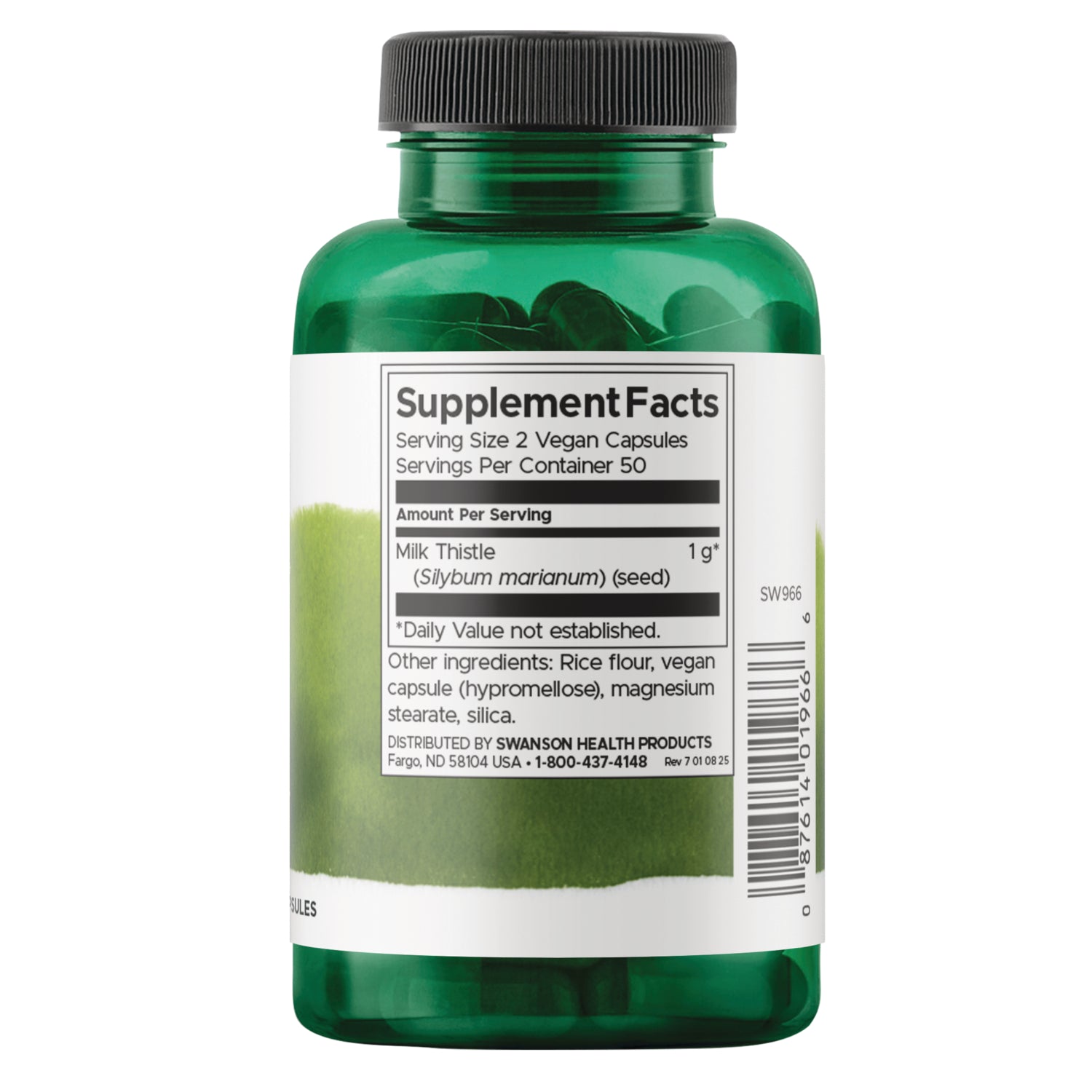SW966 | Back label with Supplement Facts: serving size 2 vegan capsules; milk thistle (seed) 1 g