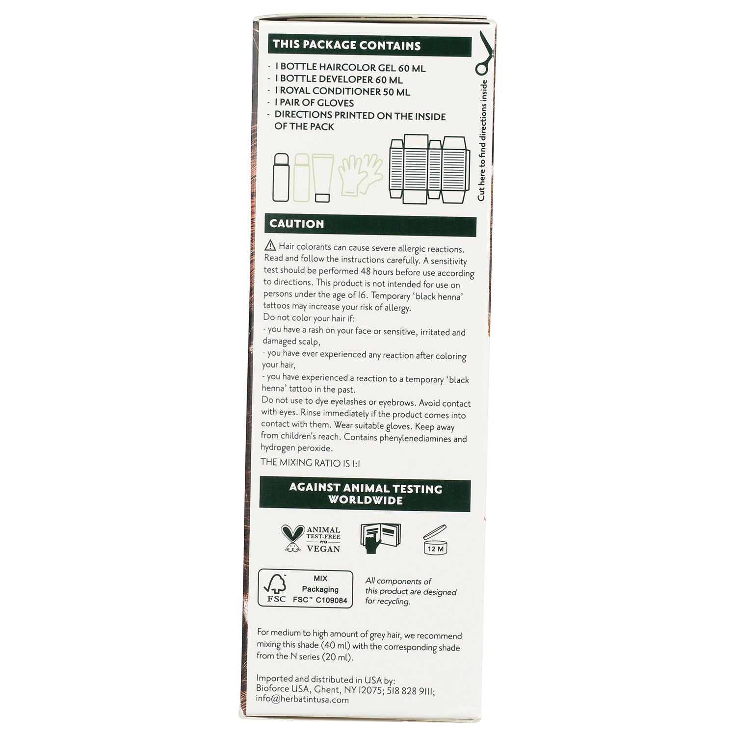 HBT016 | back panel of hair color box with package contents, caution text and vegan and recycling icons