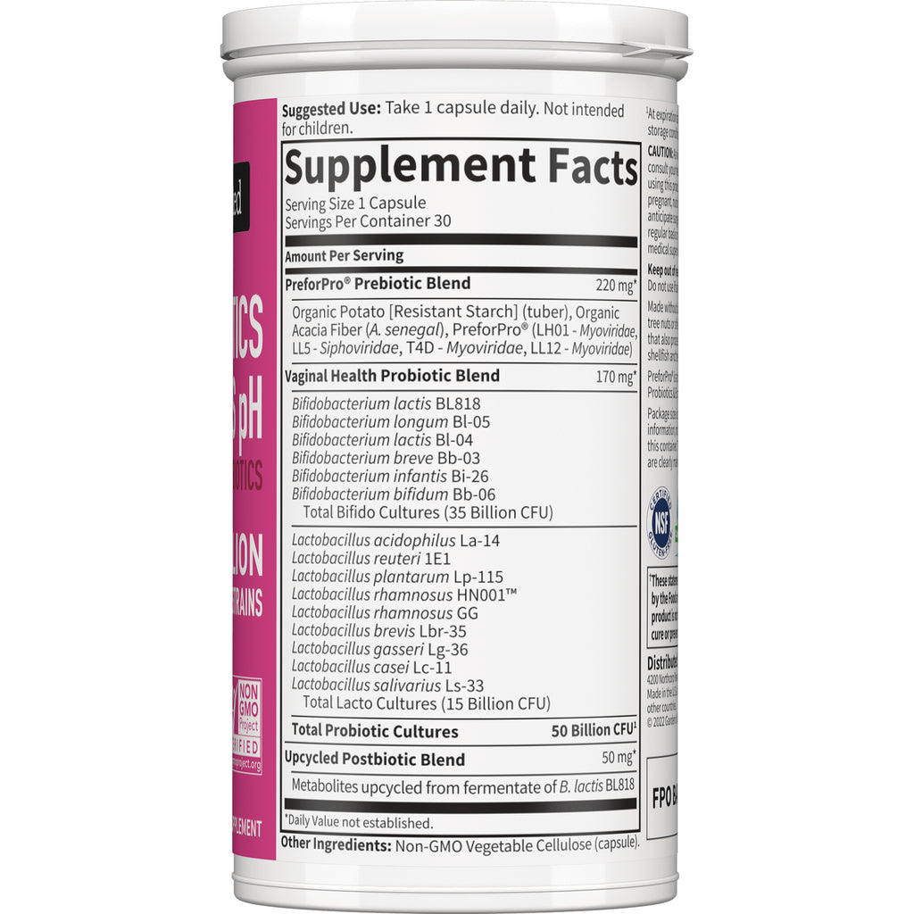 GLF374 | Supplement facts panel on white bottle showing probiotic ingredient list and upcycled postbiotic blend - Thumbnail