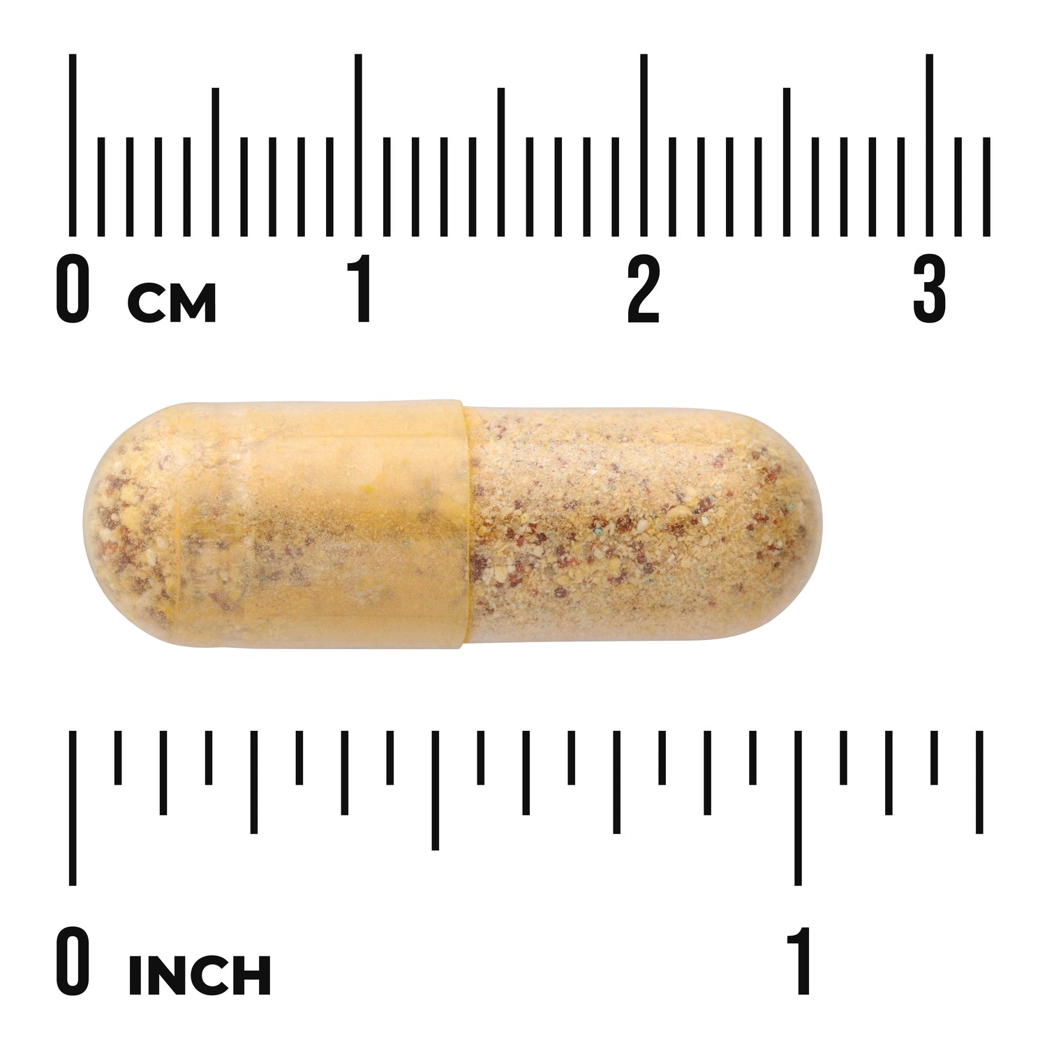 SW833 | Clear capsule with tan powder shown next to cm and inch rulers for scale