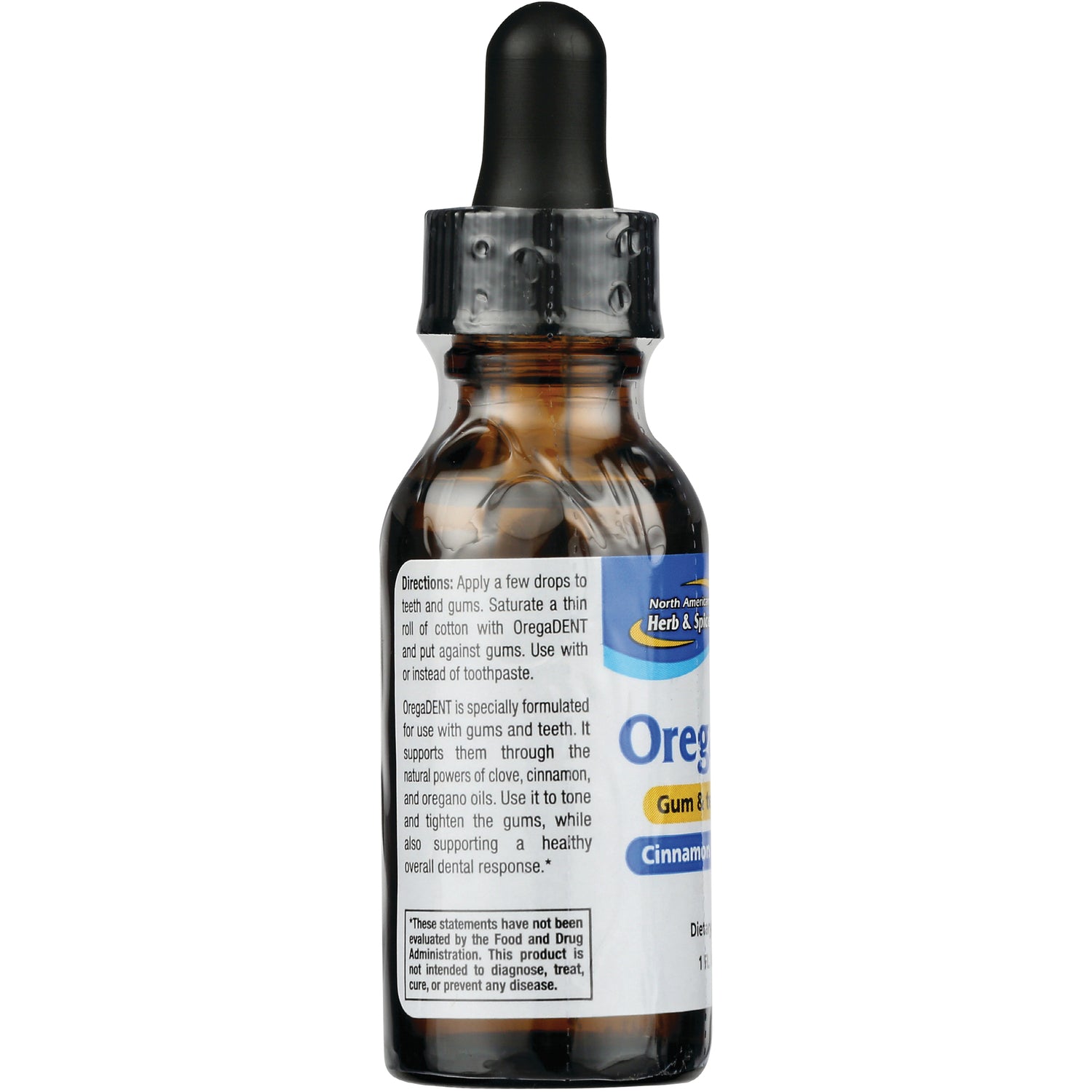 NHS043 | amber dropper bottle back label showing directions and OregaDENT product text